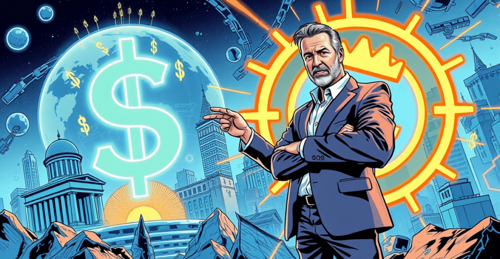 投资者Kevin O’Leary站在全球金融景观前，背后是发光的稳定币符号，象征稳定币颠覆传统外汇市场