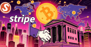 复古漫画风格插画展示支付巨头与银行握手，象征稳定币整合的未来支付场景