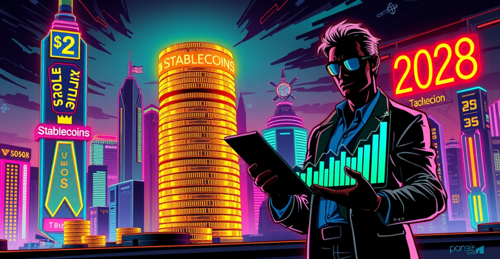 复古漫画风格插画展示稳定币市值增长至2万亿美元的壮观场景