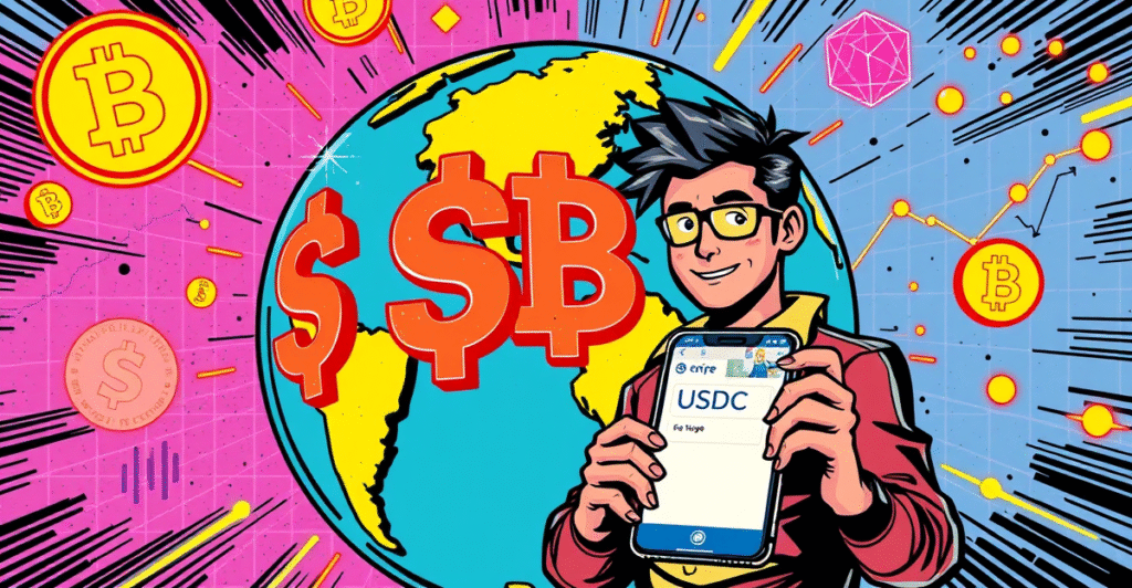 复古漫画风格插图展示全球稳定币支付，突出Stripe新功能