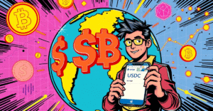 复古漫画风格插图展示全球稳定币支付，突出Stripe新功能