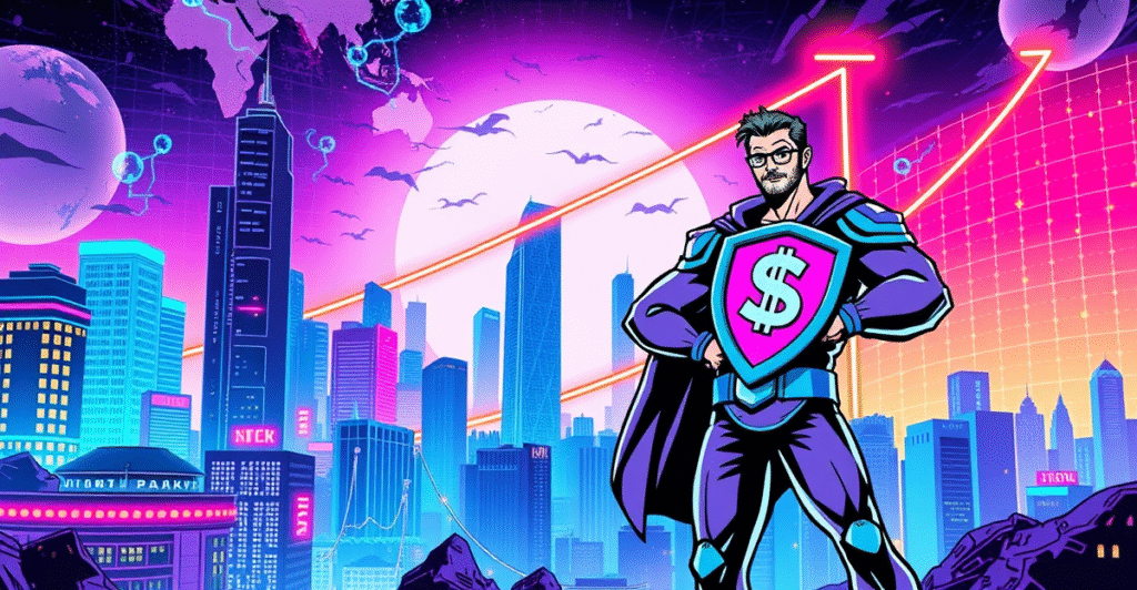 复古漫画风格封面展示稳定币监管对全球加密市场的影响,前景人物象征Ash Pampati,背景为上升的市场趋势图。