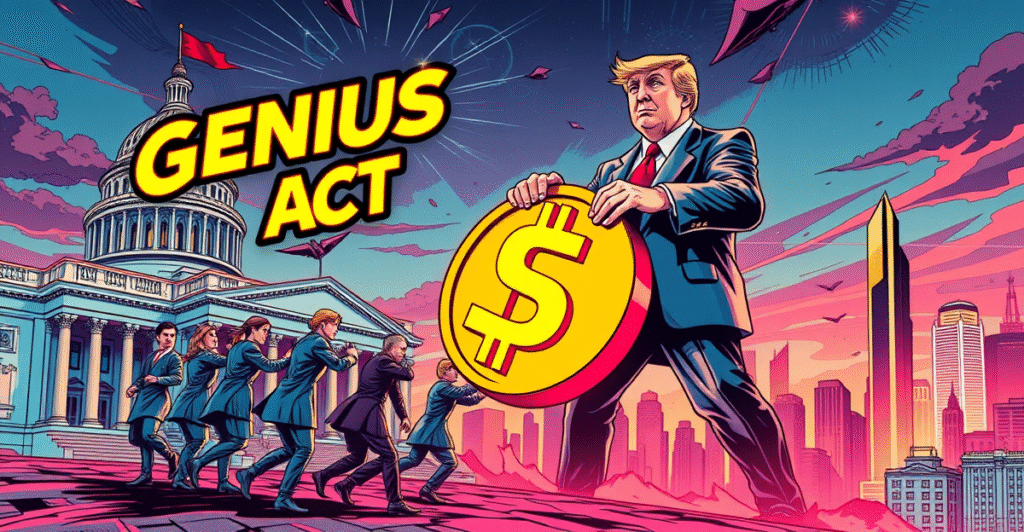 复古漫画风格封面展示参议员与象征唐纳德·特朗普的人物围绕稳定币监管法案的对峙