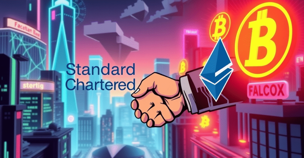 渣打银行与FalconX的加密货币合作象征性握手，背景是数字货币符号和未来城市景观