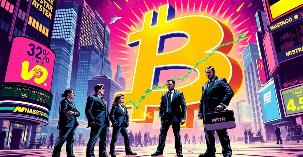 策略公司比特币持仓激增,复古漫画风格封面展示比特币符号与分析师