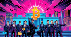 策略公司高管围绕发光的比特币符号，背景是上涨的股市图表和联邦储备大楼