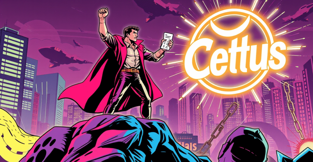 英雄化的Sui社区成员站在被打败的攻击者象征上，背景是发光的Cetus标志，象征资金恢复