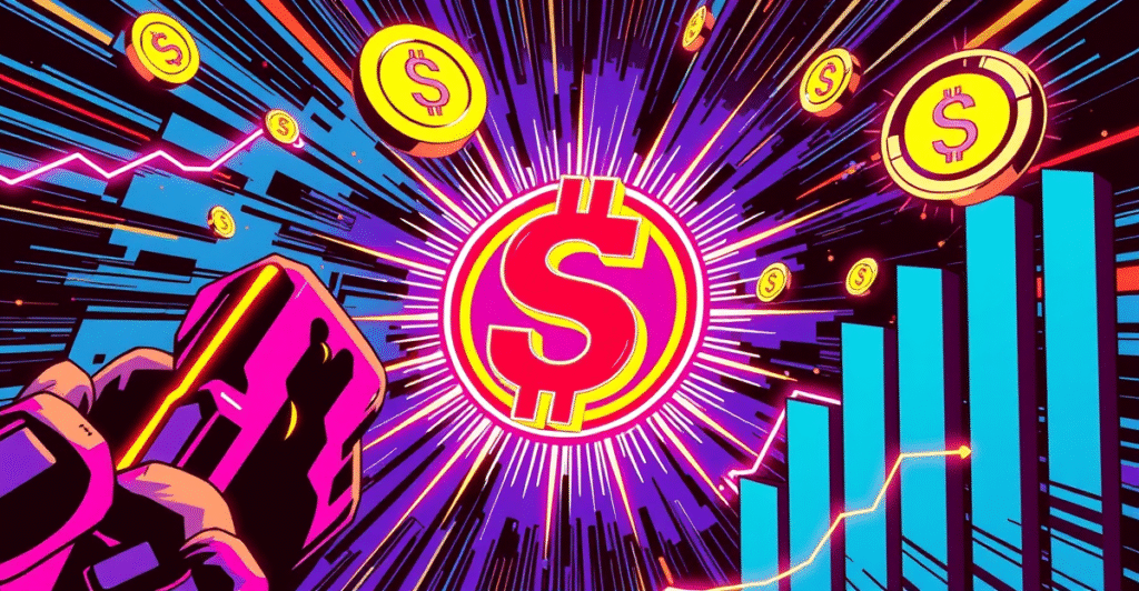 复古漫画风格的特色图片,展示了一个发光的Sui加密货币符号,周围环绕着上升的趋势图和数字硬币,象征着Sui ETF的投资机遇。