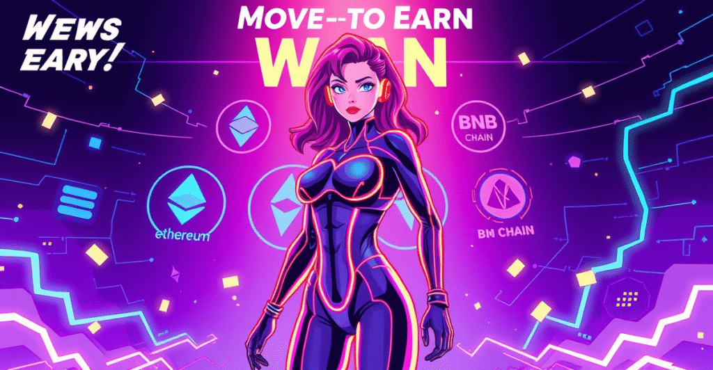 复古漫画风格封面展示Sweat平台的AI代理Mia站在多链网络前，象征运动经济与加密奖励的结合