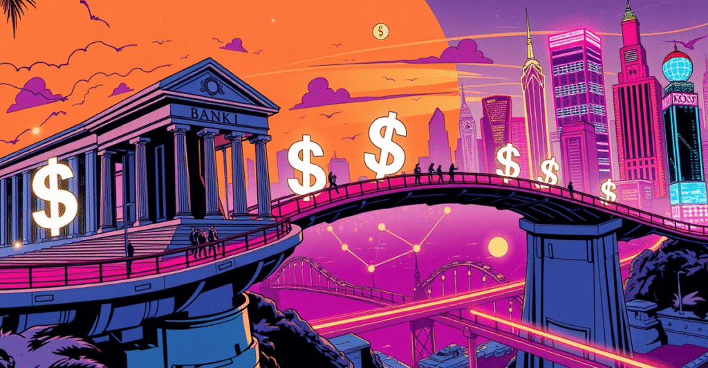 复古漫画风格封面展示了一座由合成美元符号构成的光桥，连接传统银行与去中心化金融(DeFi)城市，象征着机构投资与DeFi的结合。