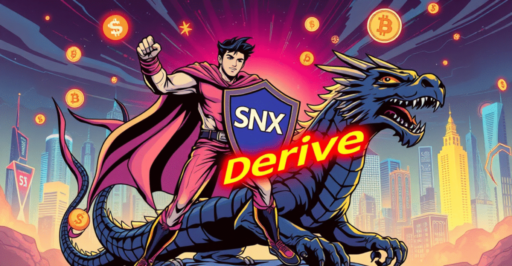 Synthetix英雄形象站在被击败的Derive龙上,背景是未来城市和加密货币图表,象征收购。