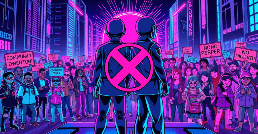 复古漫画风格插图展示Synthetix取消收购Derive，背景是代表社区的多样人物和未来城市景观
