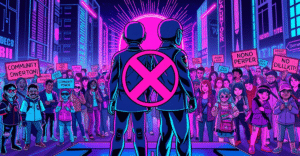 复古漫画风格插图展示Synthetix取消收购Derive，背景是代表社区的多样人物和未来城市景观