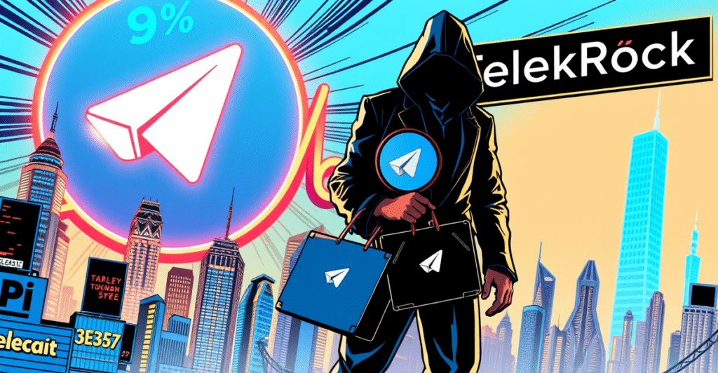 复古漫画风格封面展示Telegram债券募集，BlackRock标志背景，9%收益率霓虹标志