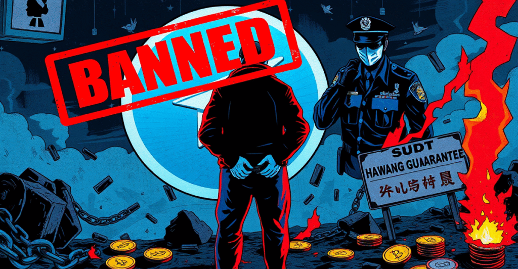 Telegram关闭中国暗网市场的复古漫画风格插图，展示网络警察行动和加密货币犯罪的终结