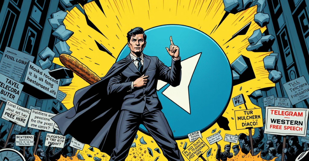 Telegram创始人Pavel Durov站在巨大的Telegram标志前，捍卫言论自由，背景是抗议标语和新闻头条。