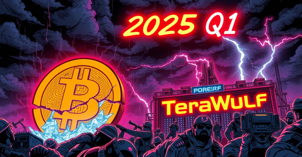 复古漫画风格插图展示TeraWulf矿场在恶劣天气和比特币减半影响下的困境