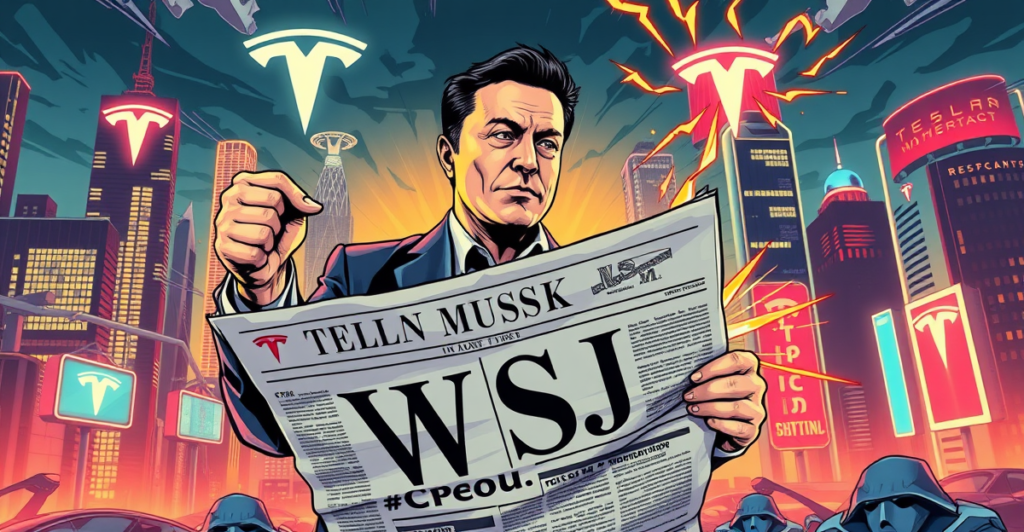 特斯拉CEO埃隆·马斯克以英雄姿态站在未来城市背景前，脚下踩着标有'WSJ'的报纸，象征他对《华尔街日报》报道的反驳。