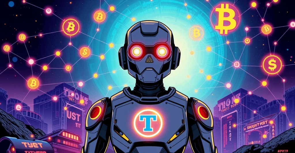 Tether AI平台:支持USDT和比特币支付的未来人工智能机器人站在数字景观前