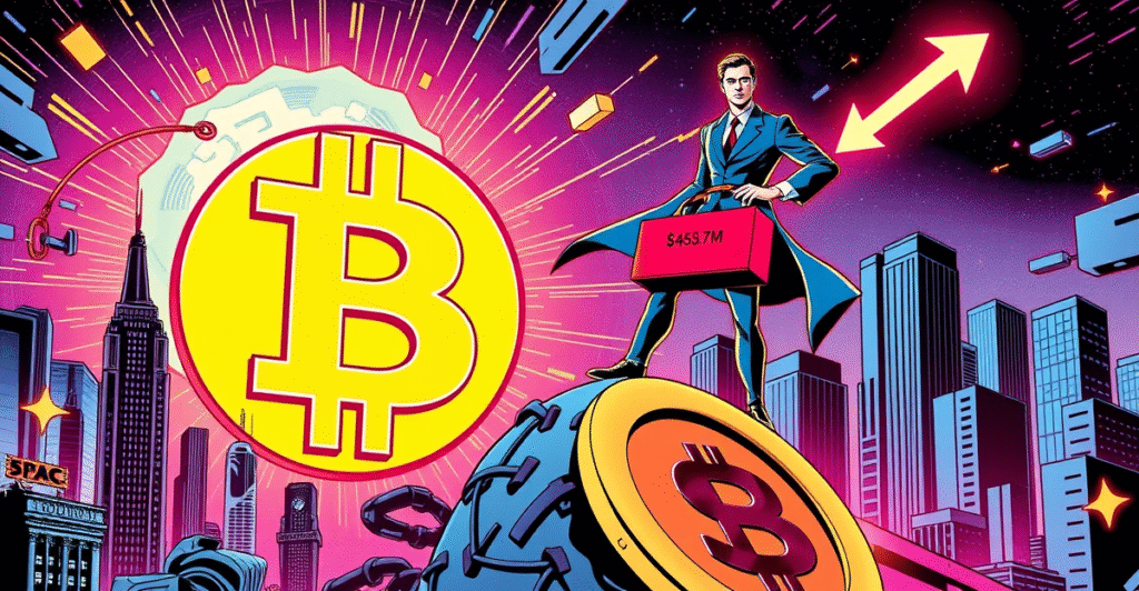 Tether站在巨大的比特币符号上，背景是象征加密货币市场的未来城市景观