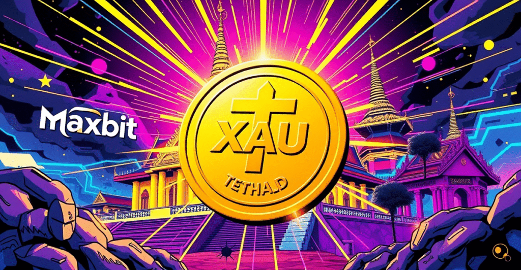 Tether Gold (XAUt) 在泰国Maxbit交易所上市的复古漫画风格插图，背景为泰国寺庙和数字资产元素
