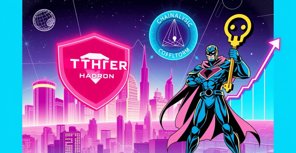 Tether Hadron平台与Chainalysis合作，展示为未来城市景观，象征合规与安全