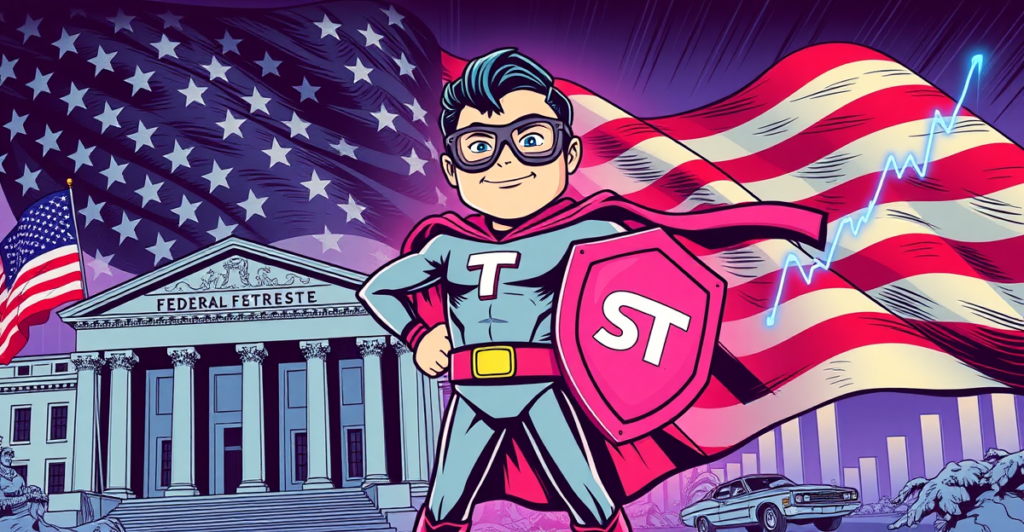 Tether USDT稳定币超级英雄站在美国国旗前，背景是美联储大楼和市场趋势图