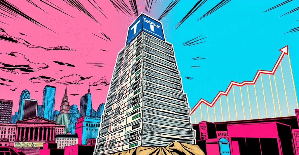 Tether标志显眼地展示在一堆美国国债上,背景是金融市场和上升趋势图