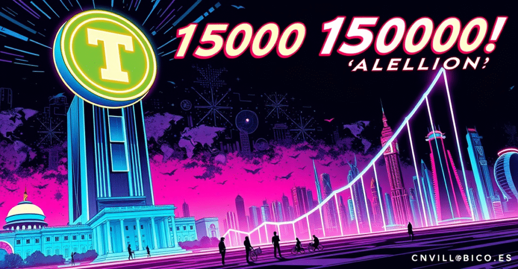 Tether USDT硬币符号在霓虹灯下闪耀，背景是象征加密货币快速发展的未来城市景观