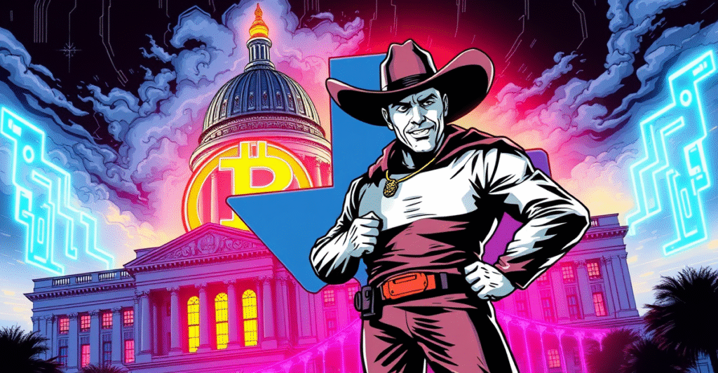 德克萨斯州以牛仔形象站在巨大的比特币符号前，背景是州议会大厦和区块链元素，象征比特币战略储备。