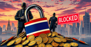 泰国SEC封锁五家加密货币交易所的复古漫画风格插图，包括Bybit和OKX