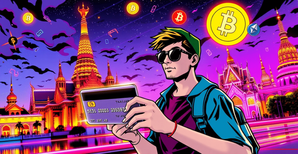 一位游客在泰国使用与加密货币关联的信用卡进行消费，背景是霓虹灯下的曼谷地标