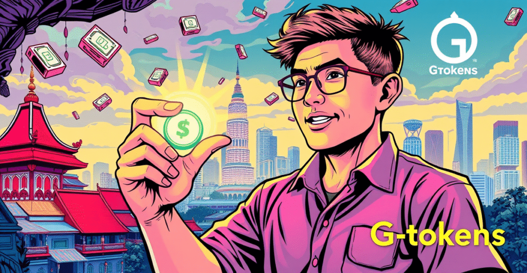 泰国投资者手持发光数字代币,背景是曼谷天际线,象征数字投资代币的新机会