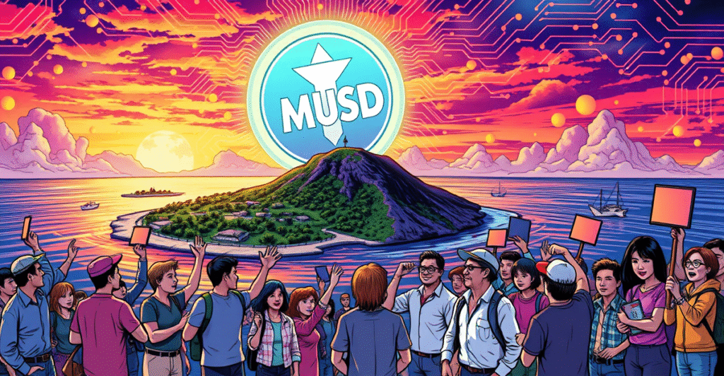 天宁岛复古漫画风格封面，展示MUSD稳定币符号悬浮于岛上空，背景融合传统景观与区块链元素。