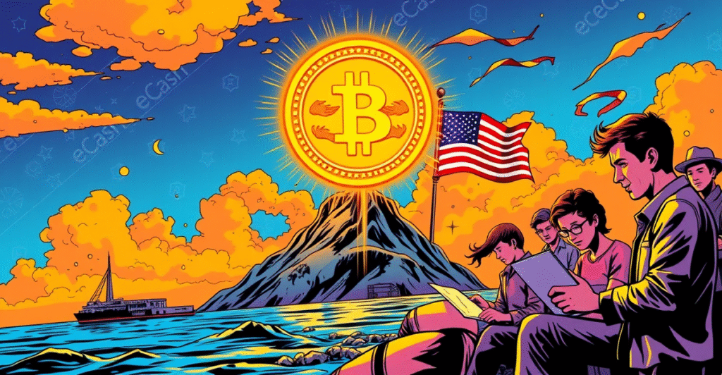 天宁岛稳定币法案通过，展示数字硬币在岛上空悬浮，背景为区块链技术图案