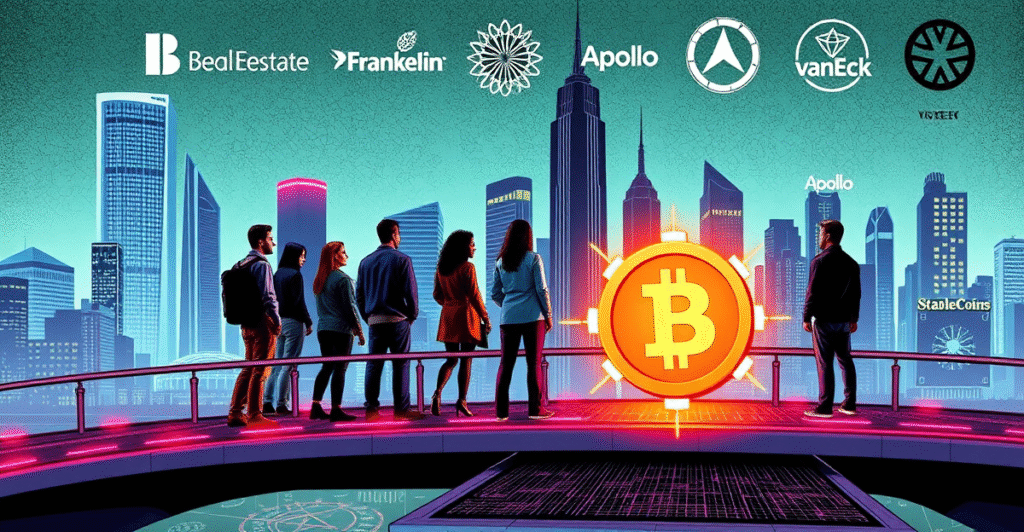 一群零售投资者站在通往代币化资产未来城市的数字桥梁上，象征着通过代币化开辟的新投资机会