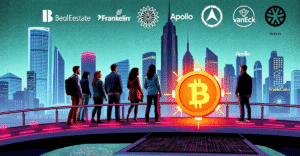 一群零售投资者站在通往代币化资产未来城市的数字桥梁上，象征着通过代币化开辟的新投资机会