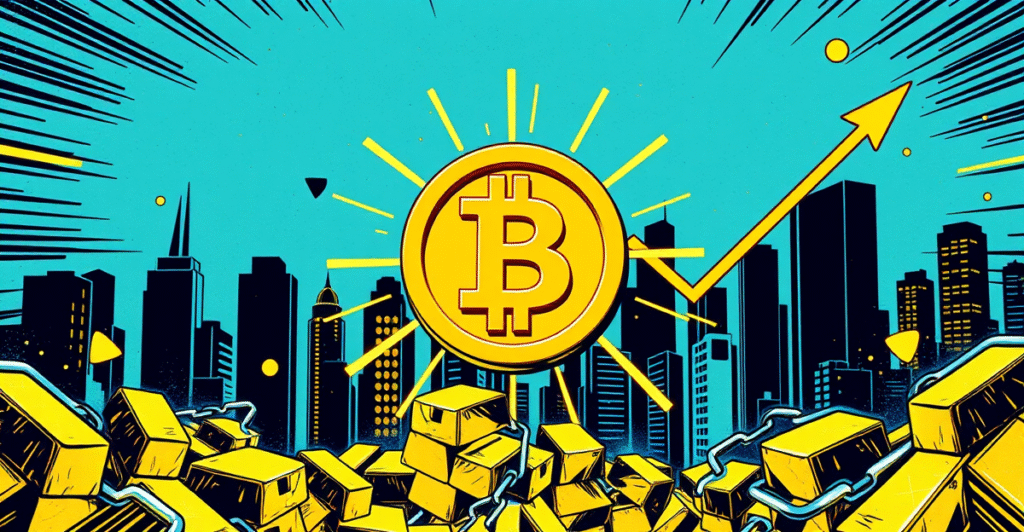 代币化黄金的复古漫画风格封面，展示了一个发光的黄金代币和未来城市背景