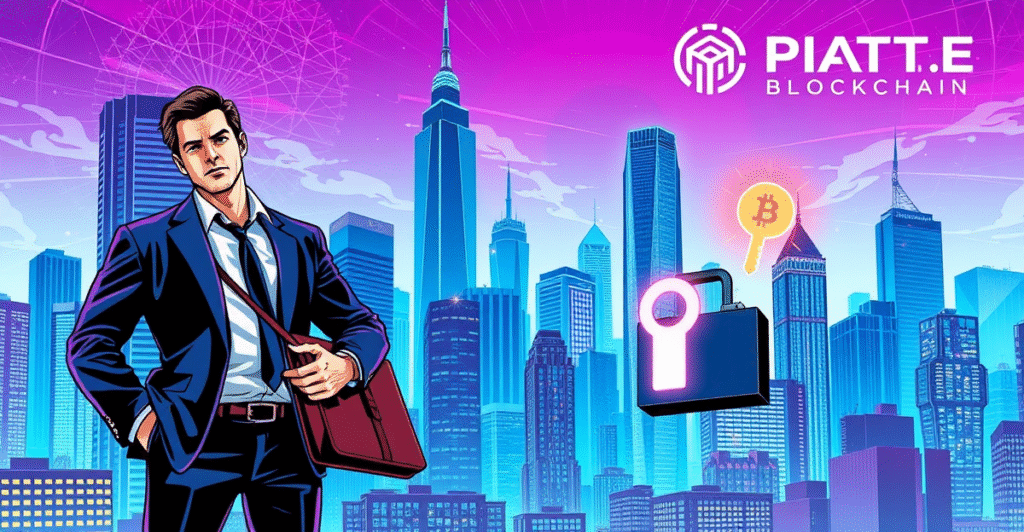 复古漫画风格的城市景观，展示代币化房地产投资的未来愿景，包括数字化的摩天大楼和投资者形象。