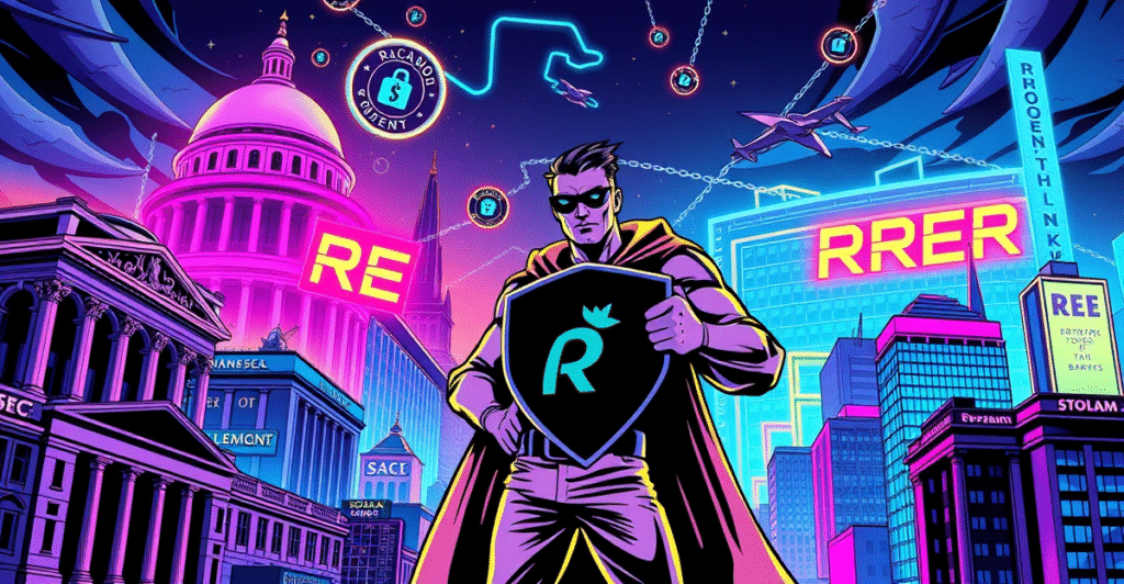 复古漫画风格封面展示Robinhood英雄角色站在代币化现实世界资产前，背景是融合传统金融与区块链技术的未来城市