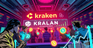 复古漫画风格插画展示全球投资者在Kraken平台上交易代币化美国股票，背景是Solana区块链和上涨的市场趋势图