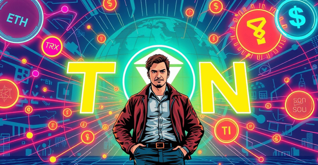 TON基金会支付战略，前Visa高管Nikola Plecas站在发光的TON标志前，背景是全球数字支付网络