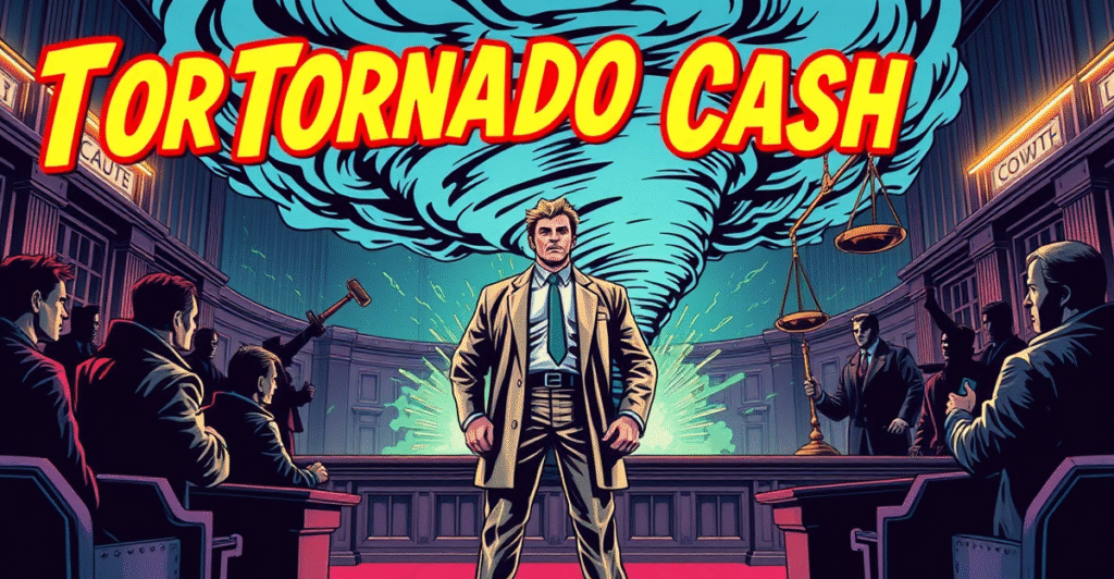 复古漫画风格插图展示Tornado Cash创始人Roman Storm在法庭上，背景是象征性的龙卷风和司法元素