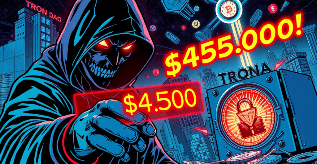 复古漫画风格插图展示一名黑客攻击Tron DAO账户，背景是霓虹灯下的数字货币符号和被攻破的安全金库