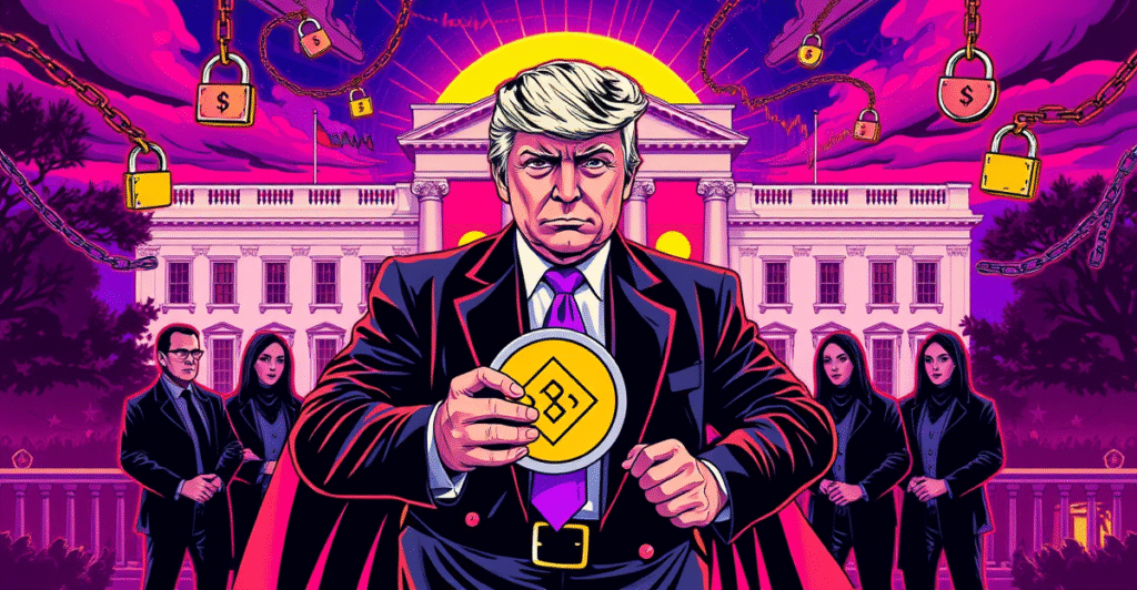 复古漫画风格插图展示特朗普手持带有Binance标志的加密货币硬币，背景是白宫和数字货币图表