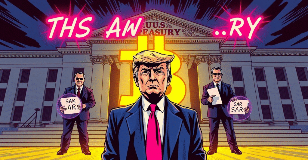 象征性描绘特朗普站在发光的加密货币符号前，背景是美国财政部大楼和手持放大镜的政客，代表对特朗普加密项目的调查。