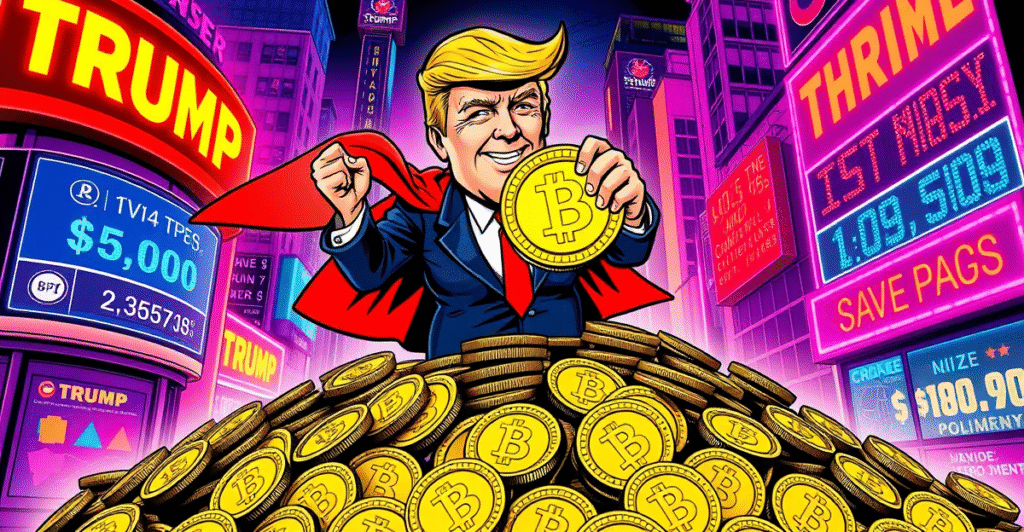 唐纳德·特朗普站在一堆TRUMP迷因币上，背景是霓虹灯闪烁的加密货币市场