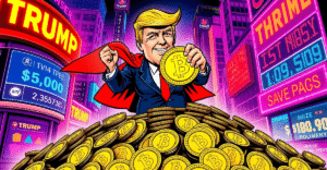 唐纳德·特朗普站在一堆TRUMP迷因币上，背景是霓虹灯闪烁的加密货币市场