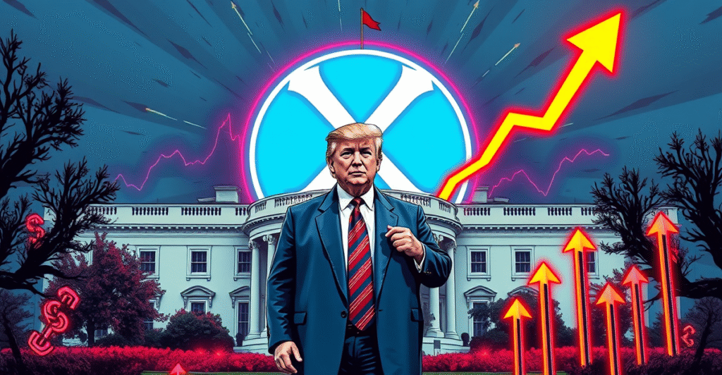 唐纳德·特朗普站在XRP标志前，背景是白宫和加密货币市场趋势图