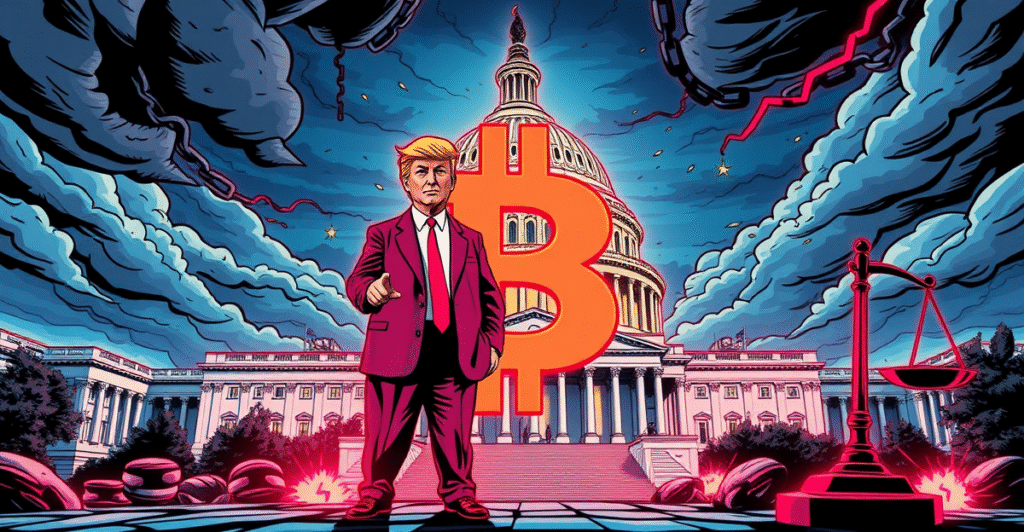 唐纳德·特朗普站在巨大的加密货币符号前，背景是美国国会大厦，象征加密交易引发的道德担忧